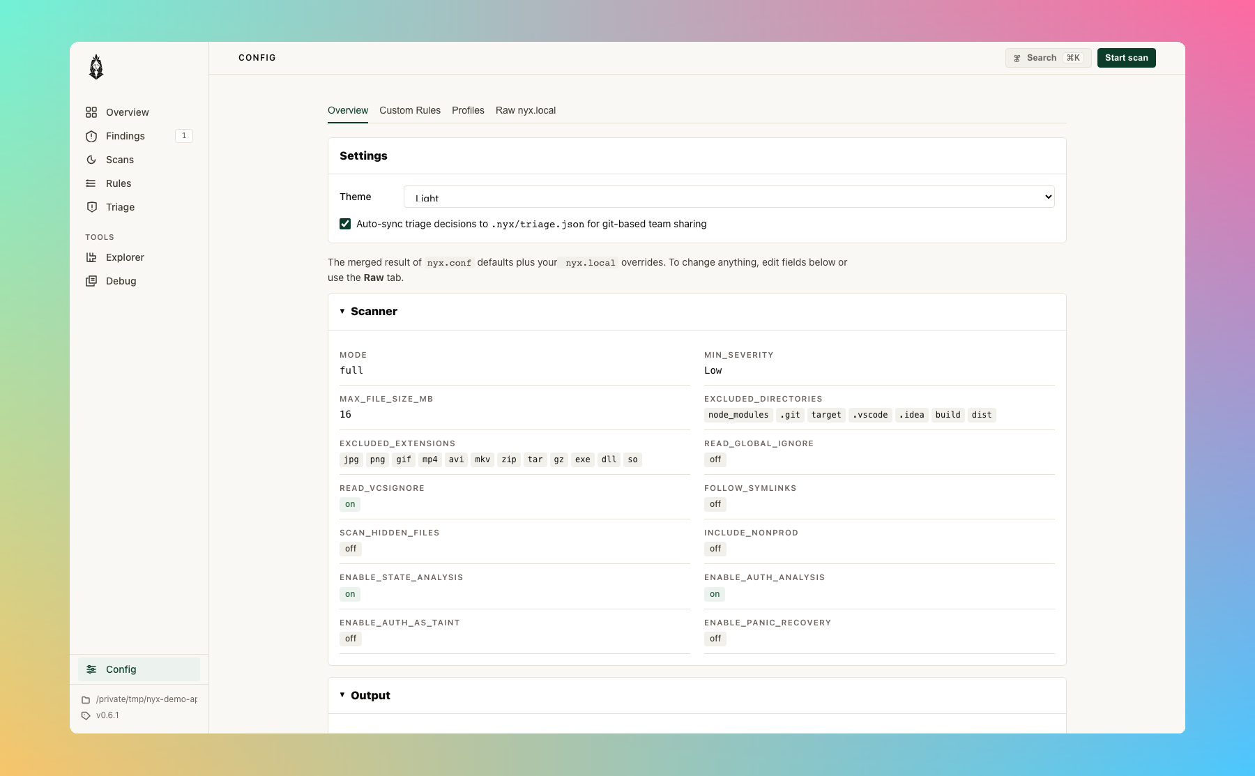 Nyx config page: General settings (analysis mode, max file size, excluded extensions, attack-surface ranking), Triage Sync toggle, Sources section with language/matcher/capability dropdowns and a per-language matcher table
